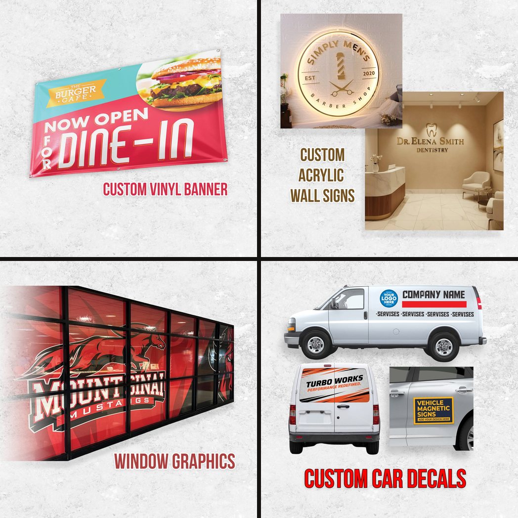 A selection of custom signs, banners, and print by Signs & Printing